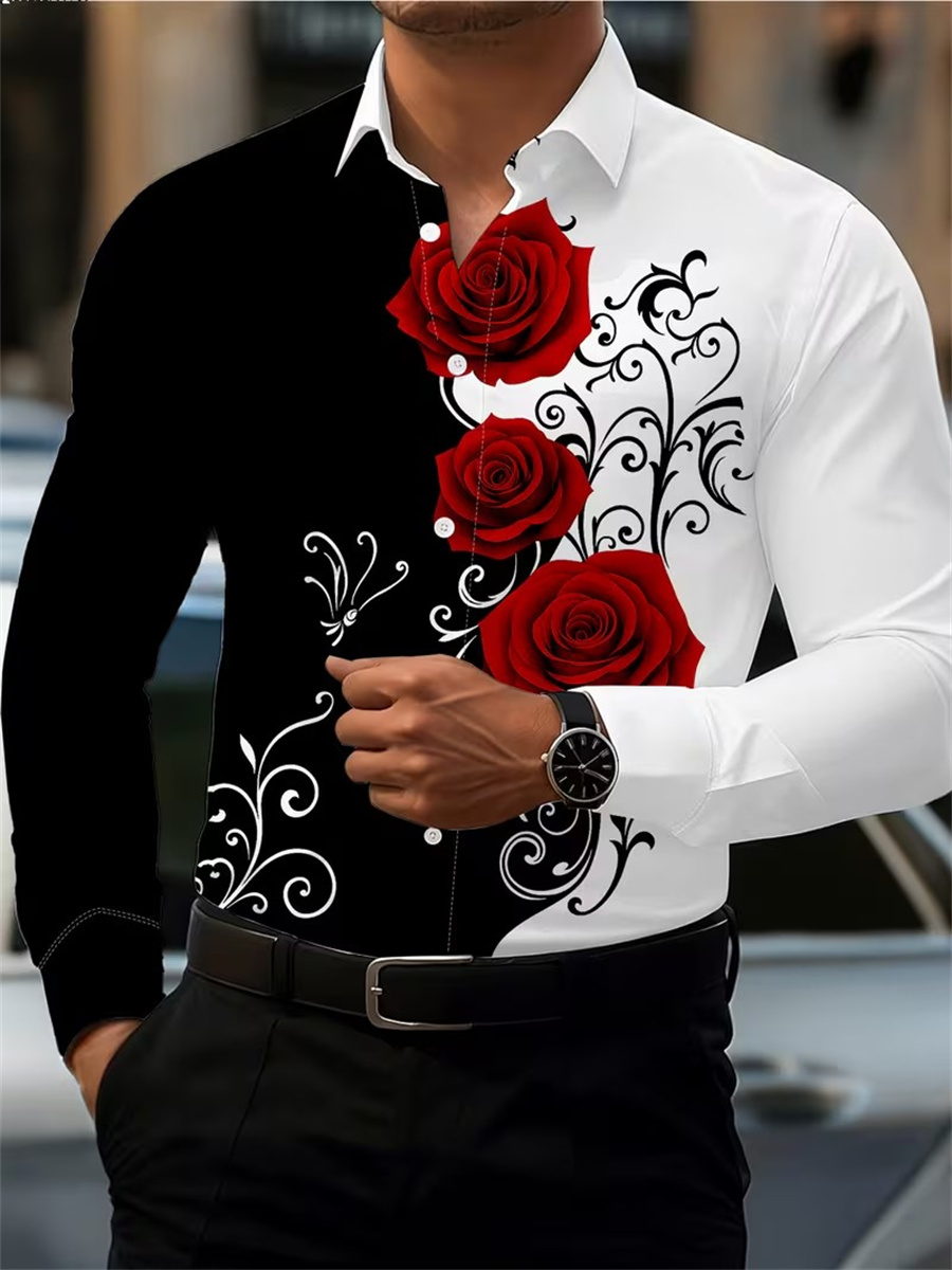 Men's Red Rose Print Long-Slee - огляд і ціна Mens Fashion Ideas