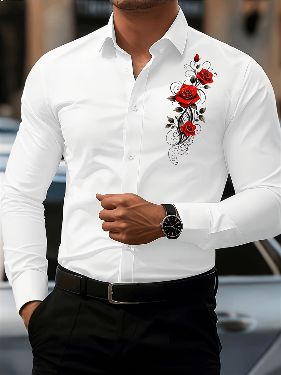 Men's Red Rose Print Long-Slee - огляд і ціна Mens Fashion Ideas