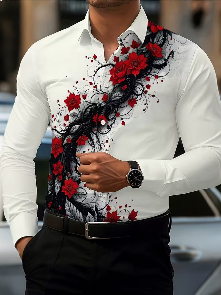 Men's Red Rose Print Long-Slee - огляд і ціна Mens Fashion Ideas